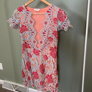 Storia Lace Mini Dress | Coral & Blue Floral Lace Dress Sheer Illusion Cocktail